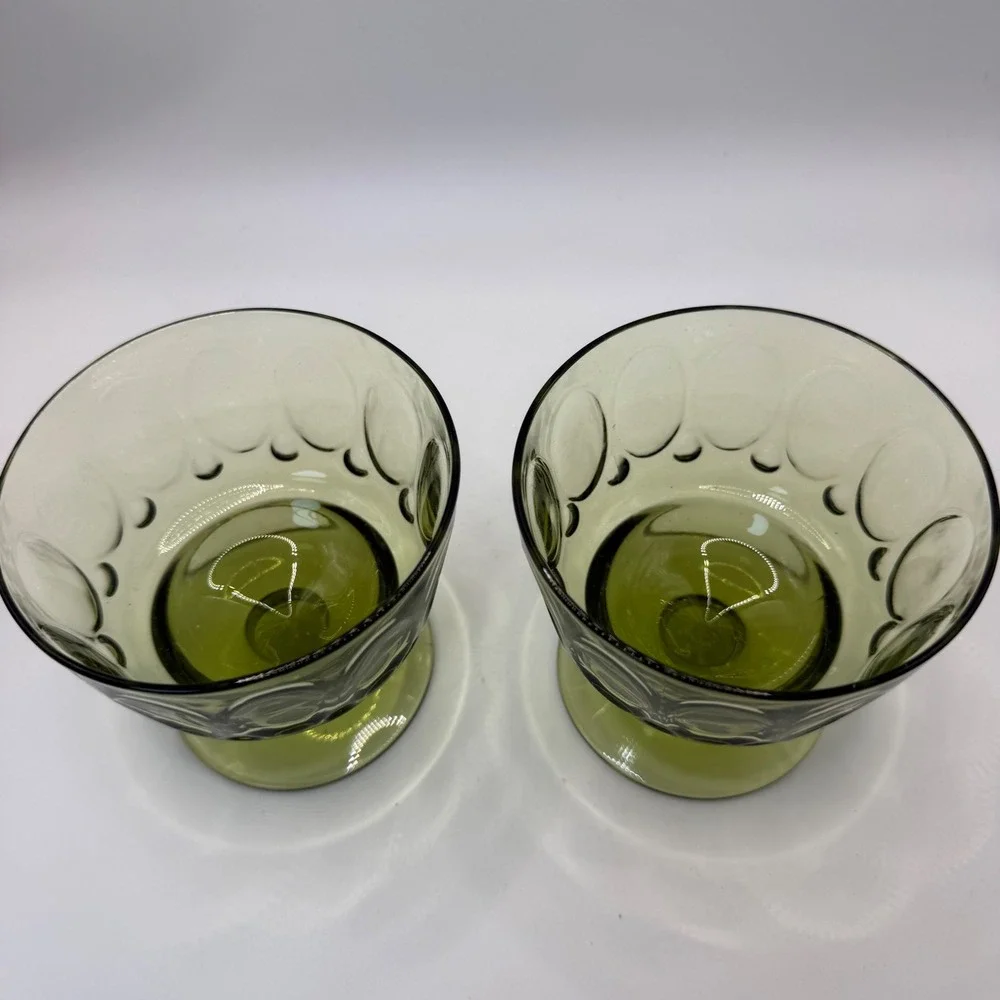 Fostoria Coin Glass Olive Green Footed Dessert Bowls Set of 2 Vintage MCM